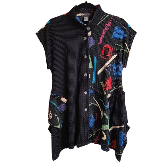 Damee Tops - Damee Inc Black Artsy Art to Wear Crinkle Button Up Blouse Top Size S/M